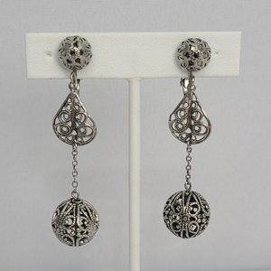 Silver Tone Filagree Dangle Clip On Earrings